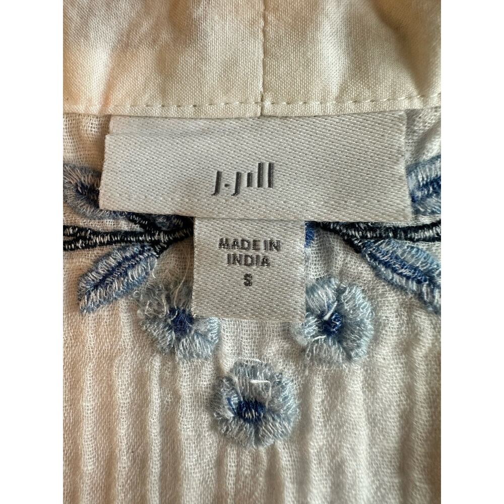 J JILL Gauzy White Open Front Cardigan Blue Embroidery S Floral  Boho Beachy - Picture 13 of 16
